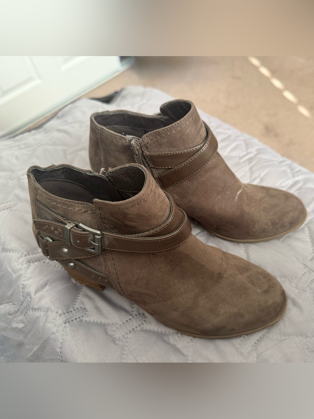 Indigo Brown Suede Ankle Booties with Buckle Strap
